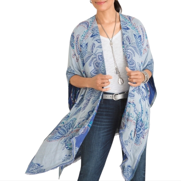 Chico's Sweaters - Chicos Floral Embroidered Jacquard Ruana Wrap Size OS Blue Purple